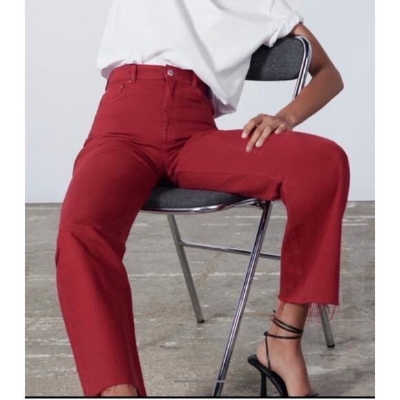 Zara Women's 90s Full Length Wide Leg Jean Size 4 Red Raw Hem - Picture 14 of 14